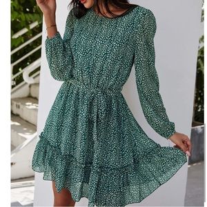 Emerald green Animal Print Midi Ruffle Dress Medium